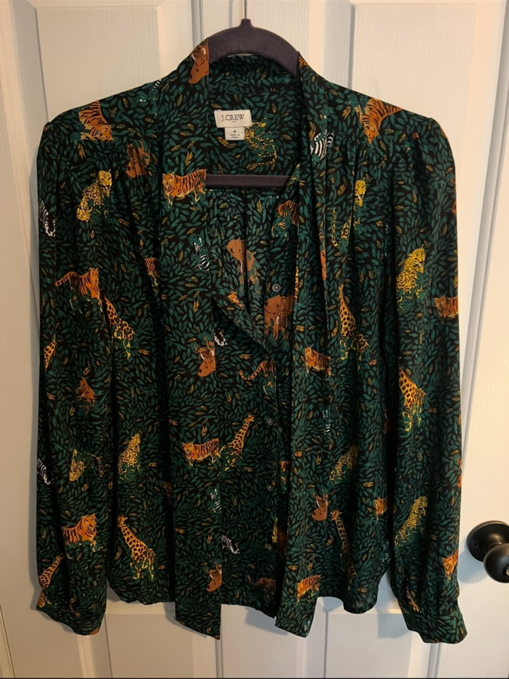 J. Crew Dark Green Jungle Animal Print Blouse